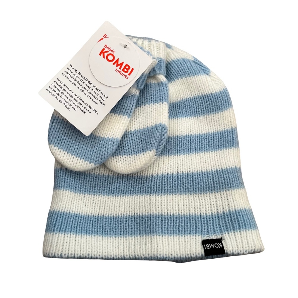 KOMBI NWT Blue White Stripe‎ Baby Winter Knit Hat Mittens Set